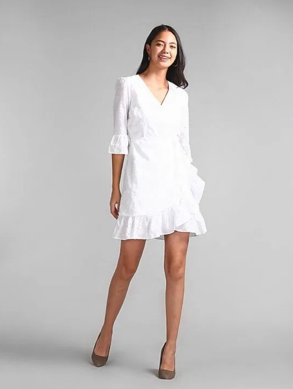 White Wrap Dress with Ruffle Hem Large NEW Mini Midi Long Sleeve Bow Feminine
